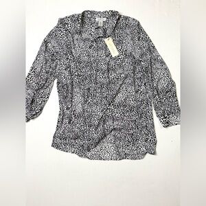 Rachel Black & White Animal Print Top Long Sleeve Button Down Size XL NWT